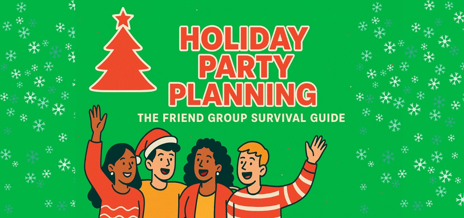 Group of young friends planning a holiday party together in a festive setting with decorations.