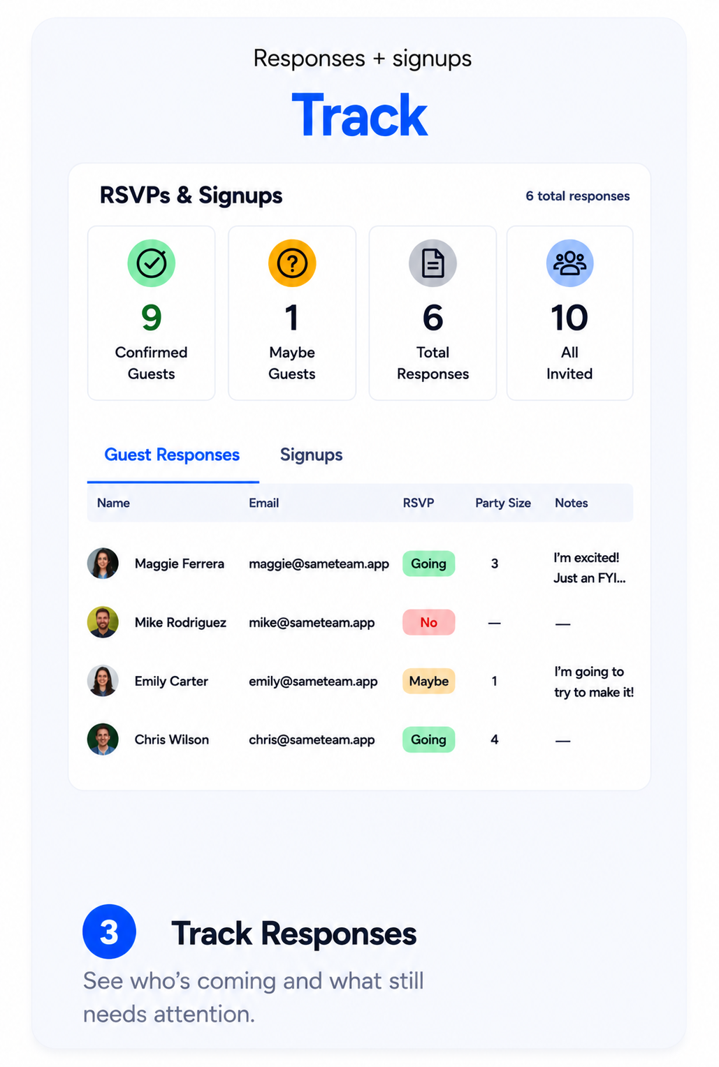 Track RSVPs and signups in SameTeam