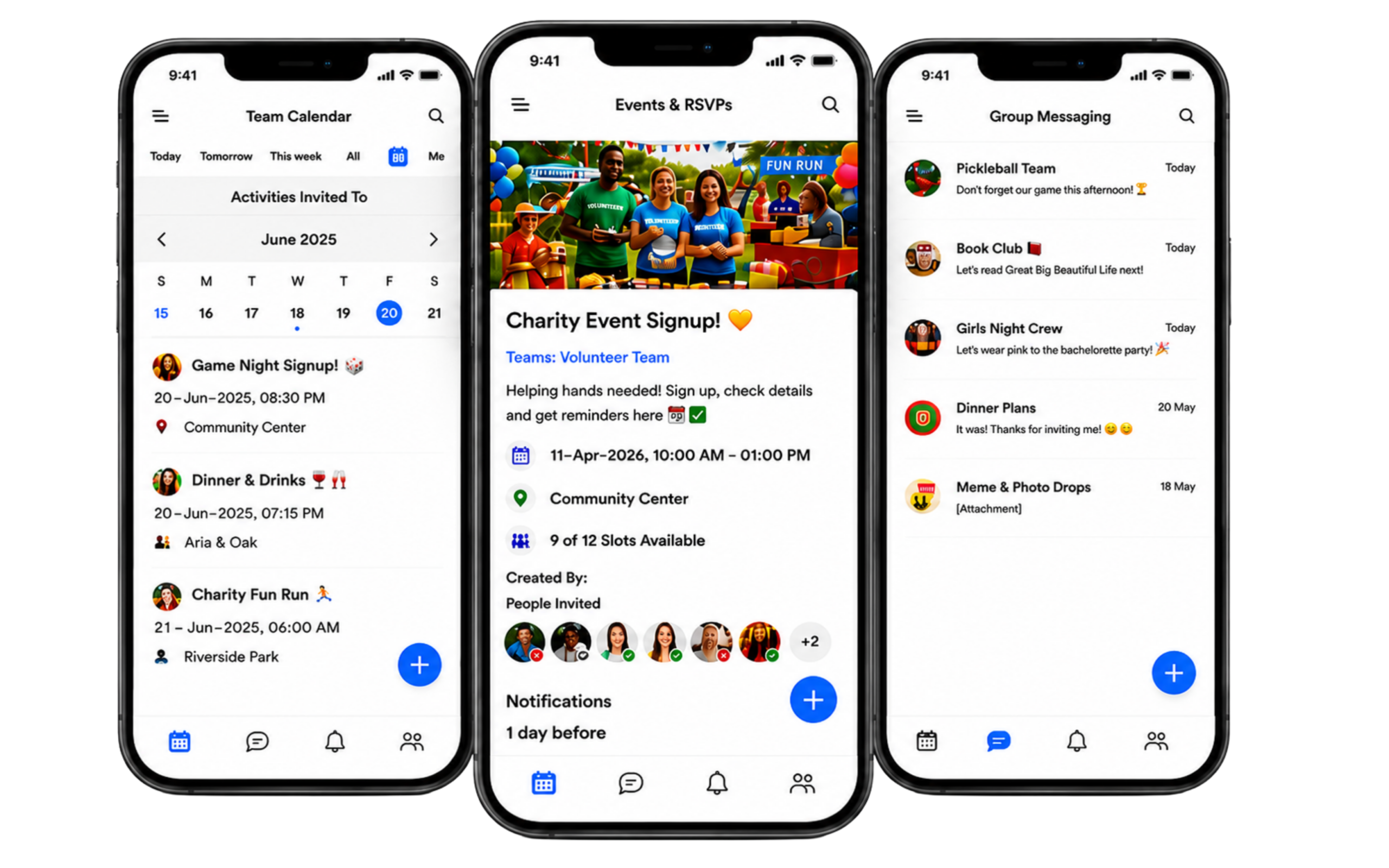 SameTeam app for iOS and Android showing group calendars, event RSVPs, messaging, and private collaboration