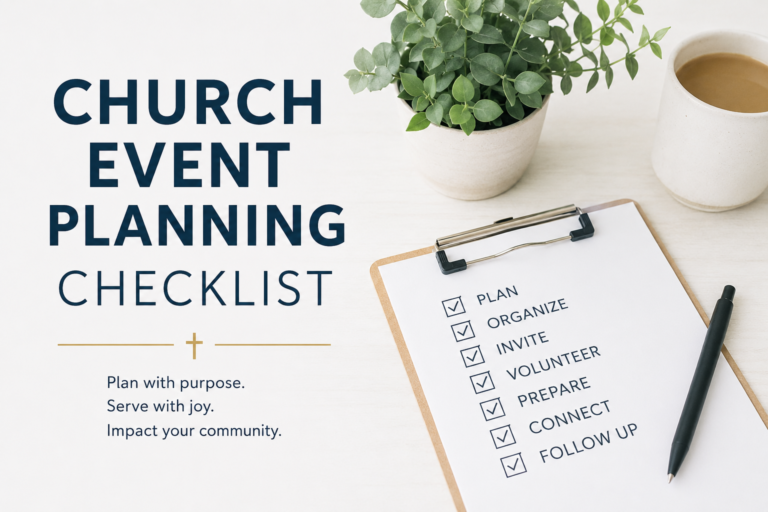 Church event planning checklist with clipboard, planning checklist, coffee, and plant on a clean workspace.