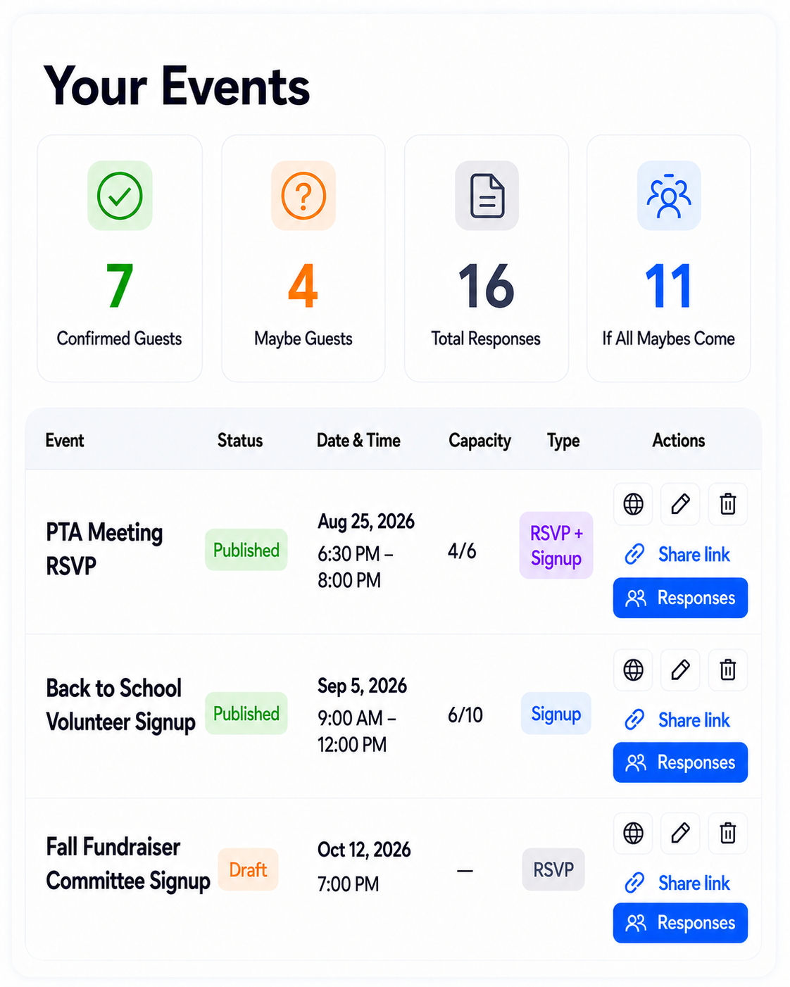 SameTeam PTA event planning dashboard for school RSVPs and volunteer signups