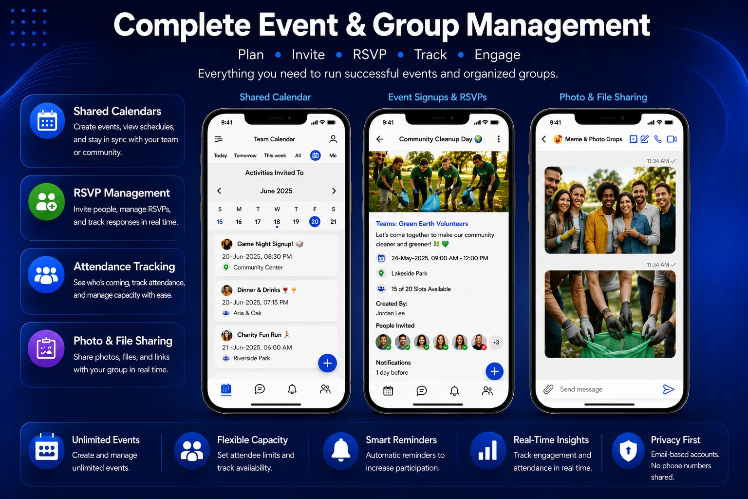 SameTeam event and group management platform showing calendars, RSVPs, attendance tracking, photos, files, reminders, and privacy-first accounts
