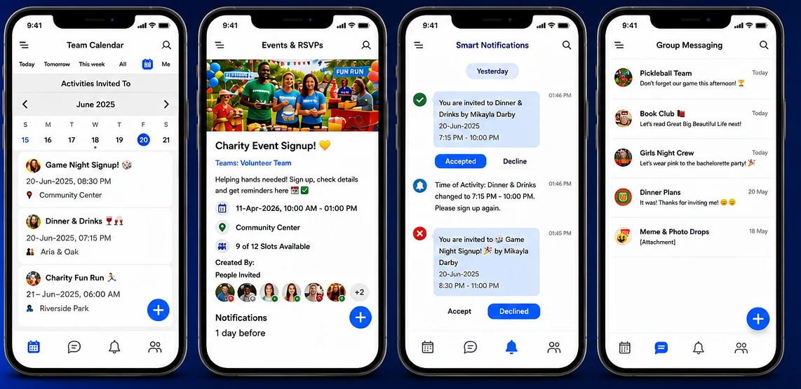 SameTeam native mobile platform showing shared calendars, event RSVPs, notifications, and organized group messaging