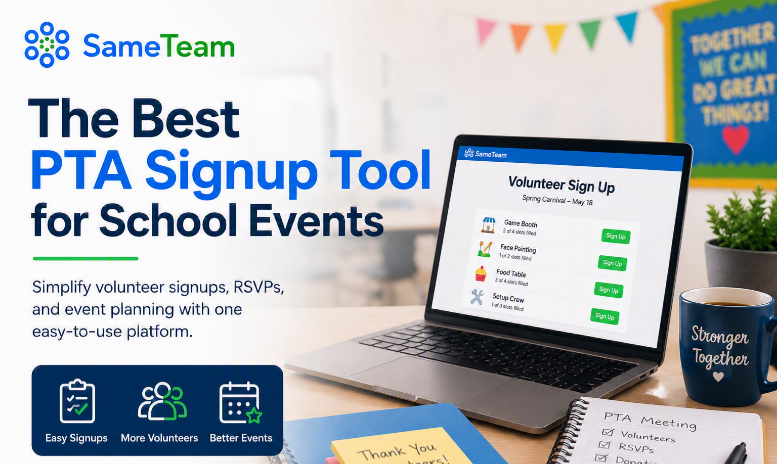 SameTeam PTA signup tool for school event volunteer signups, RSVPs, and event planning.