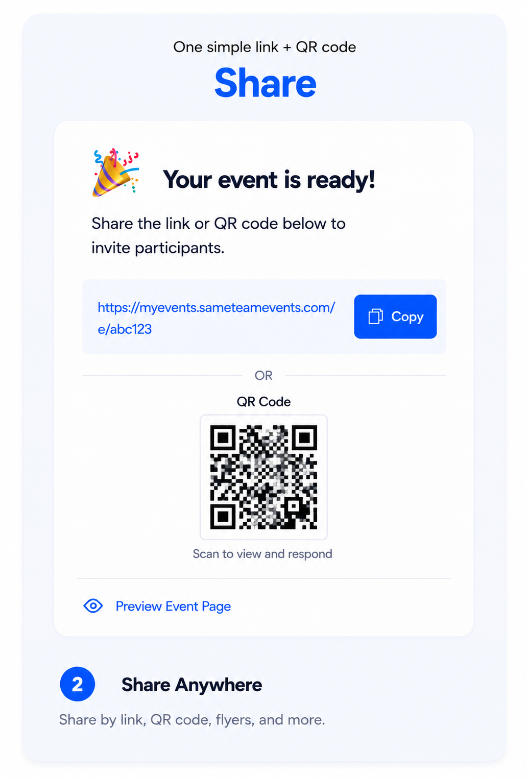 Share an event by link or QR code with SameTeam