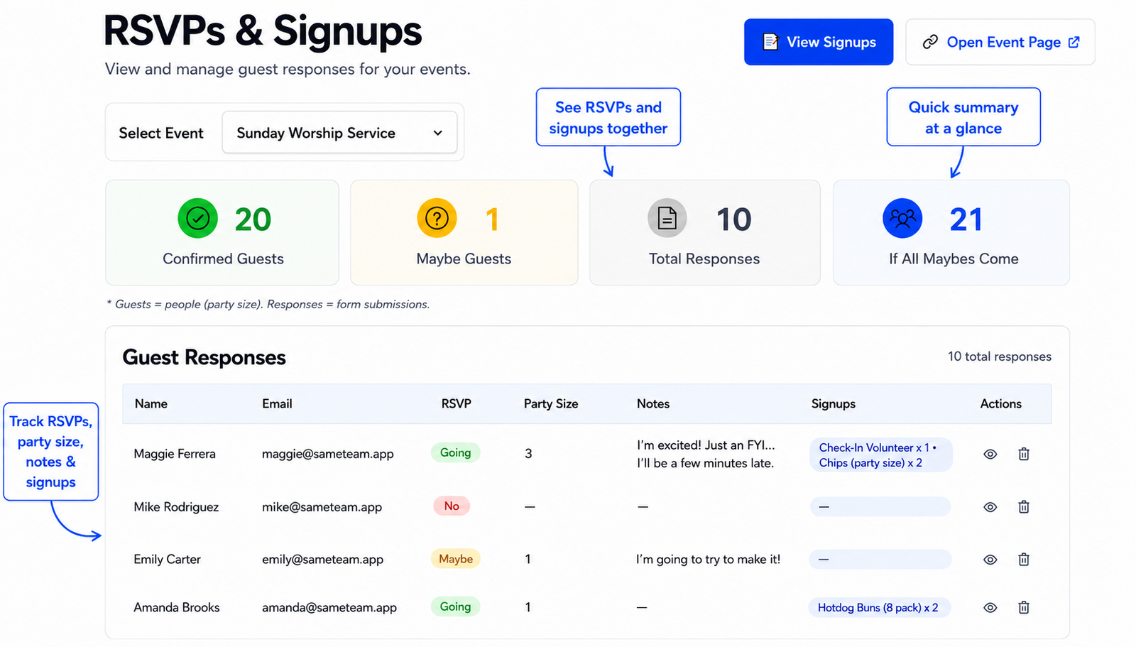 Church event RSVP and signup software dashboard in SameTeam