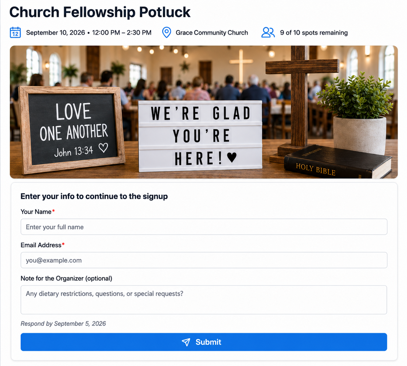Church event signup form for a fellowship potluck using SameTeam