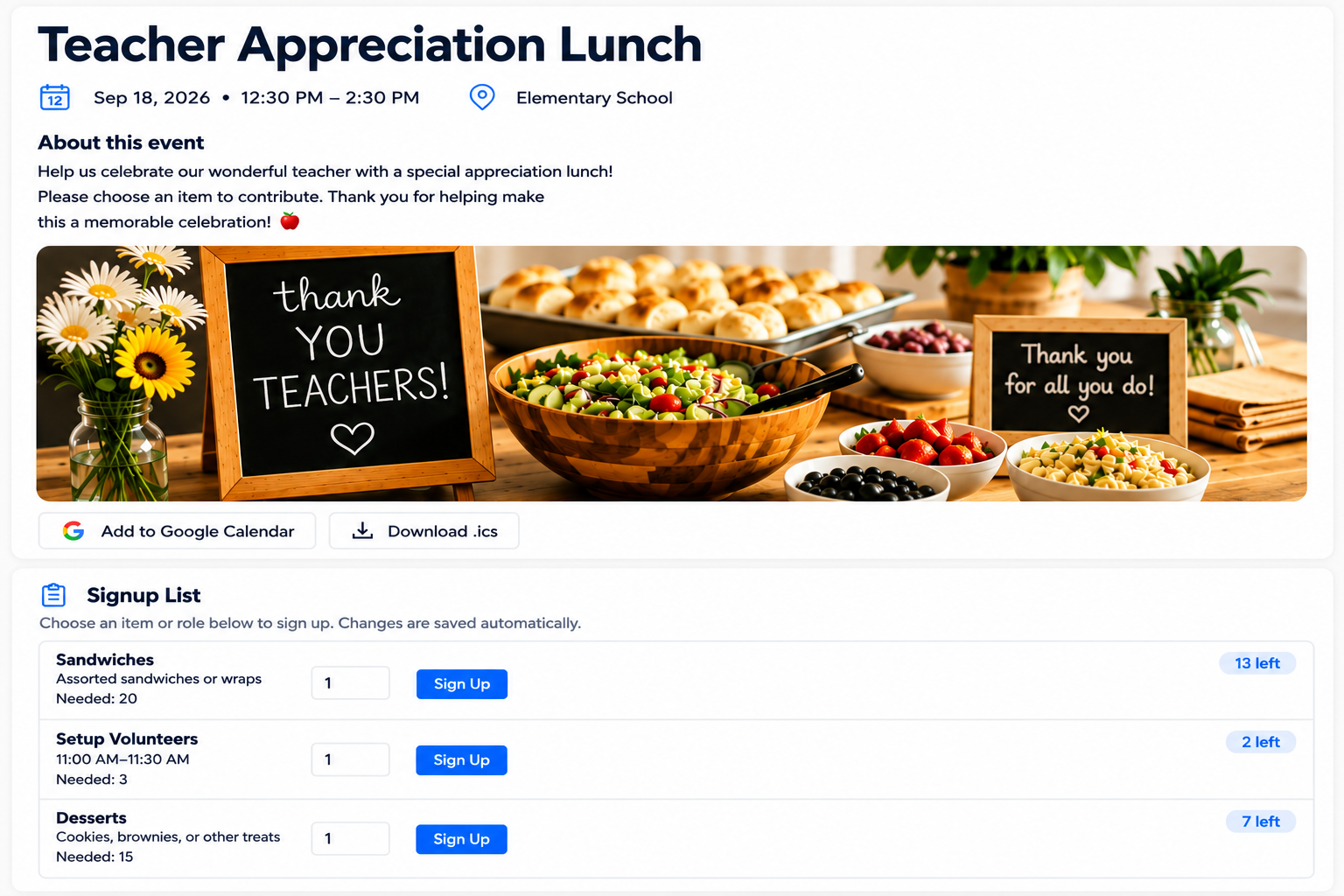 SameTeam guest signup page for a Teacher Appreciation Lunch showing RSVP, an item to bring, and a volunteer role