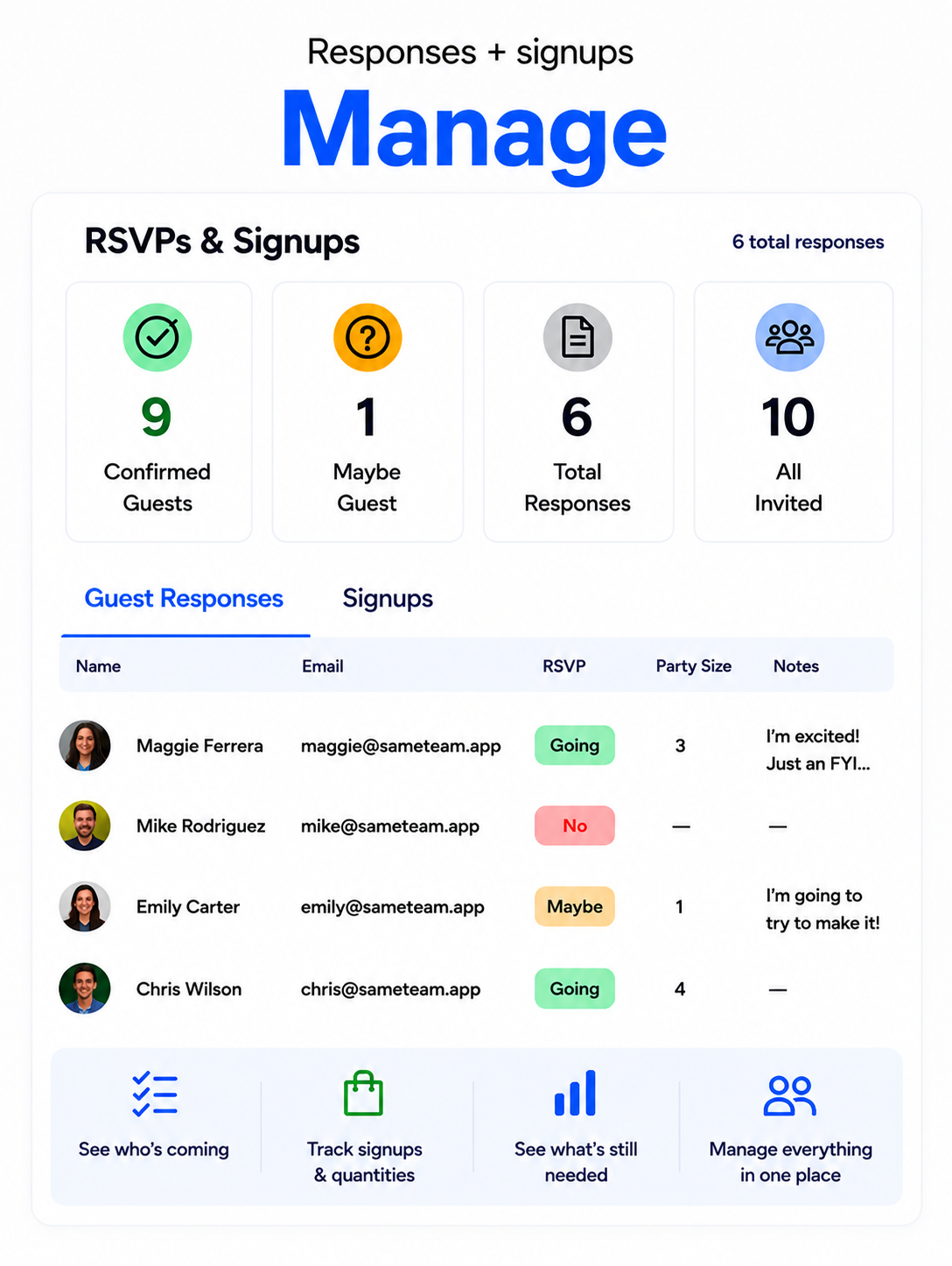 Online sign-up sheet dashboard showing event responses, signup coverage, and remaining needs