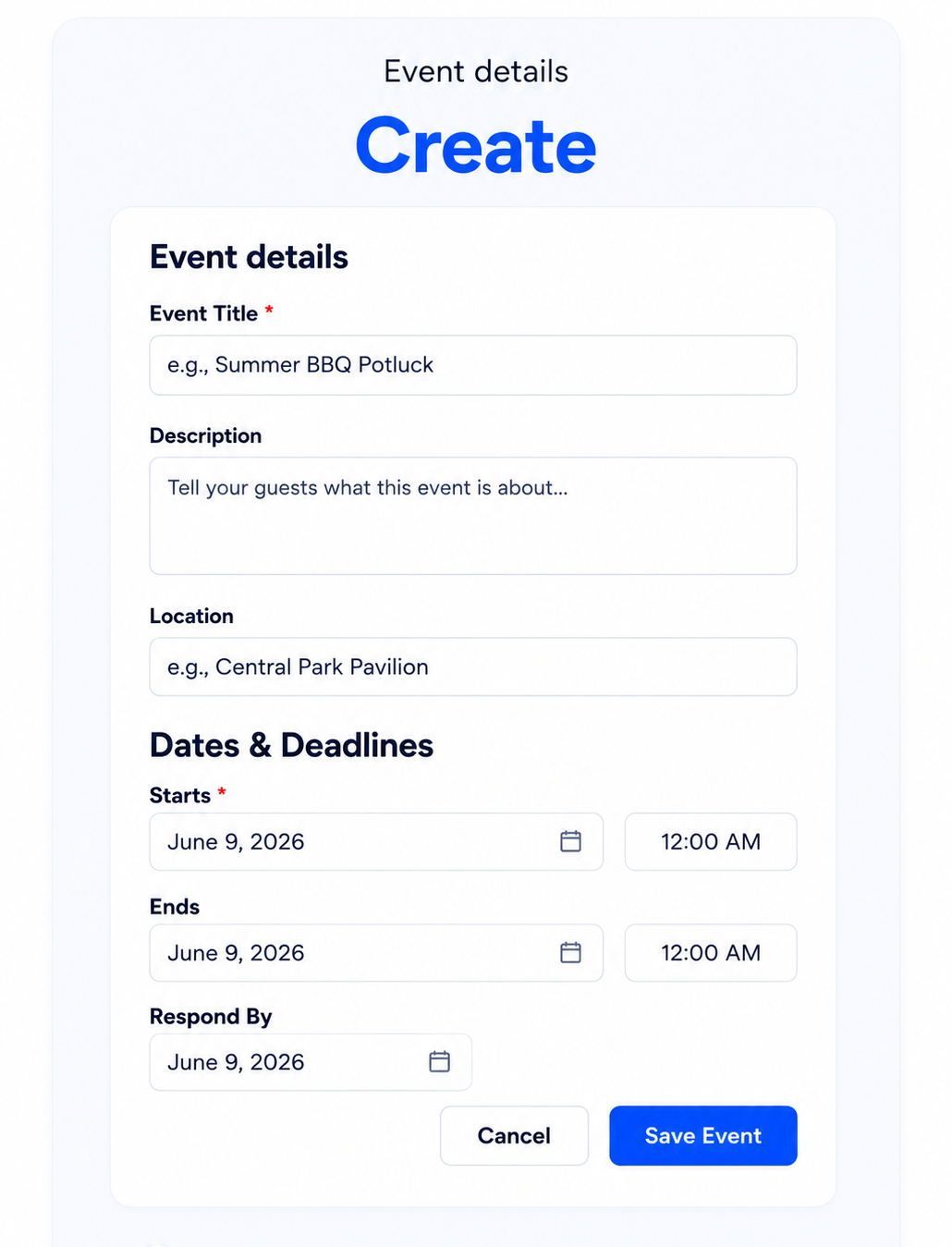 Create a new event in SameTeam Event RSVP & Signup Tool