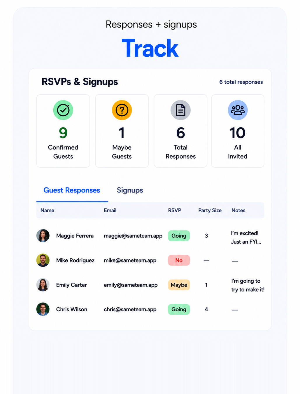 Track RSVPs, signups, volunteer spots, and attendance in SameTeam dashboard