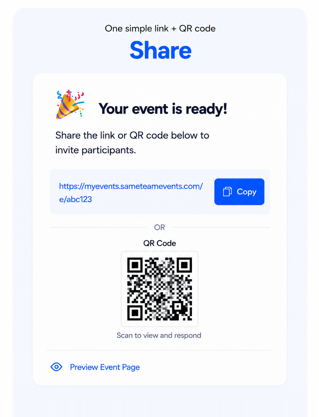 Share an event by link or QR code with SameTeam