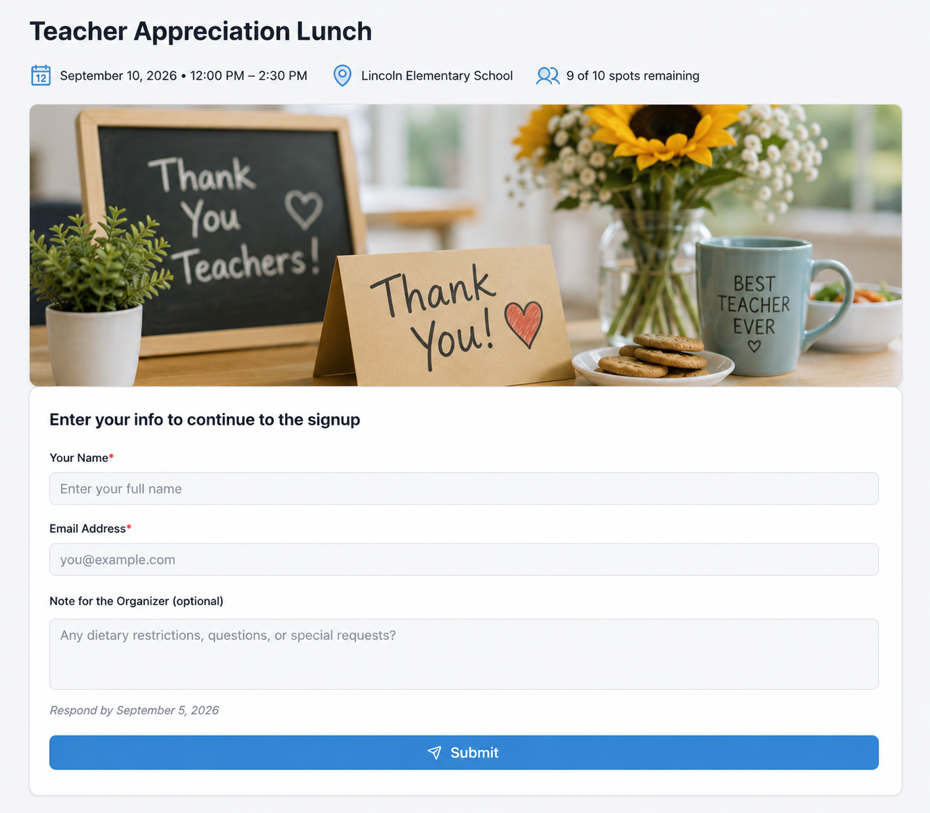 SameTeam Teacher Appreciation signup form as guests see it