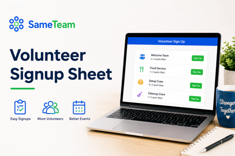 Online volunteer signup sheet on a laptop for organizing church, school, nonprofit, and community event volunteers