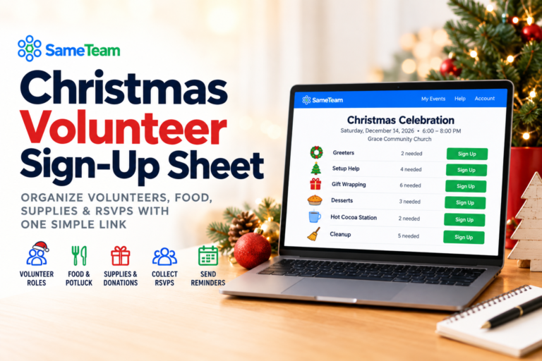 Christmas volunteer sign-up sheet for organizing volunteers, food, supplies and RSVPs