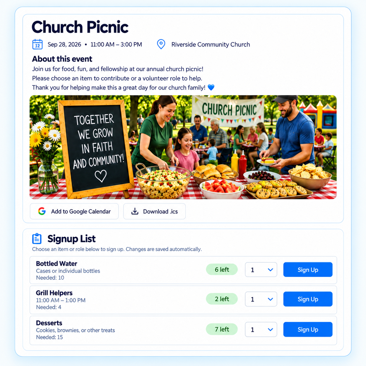 Church picnic signup list with volunteer roles, food contributions, and event details