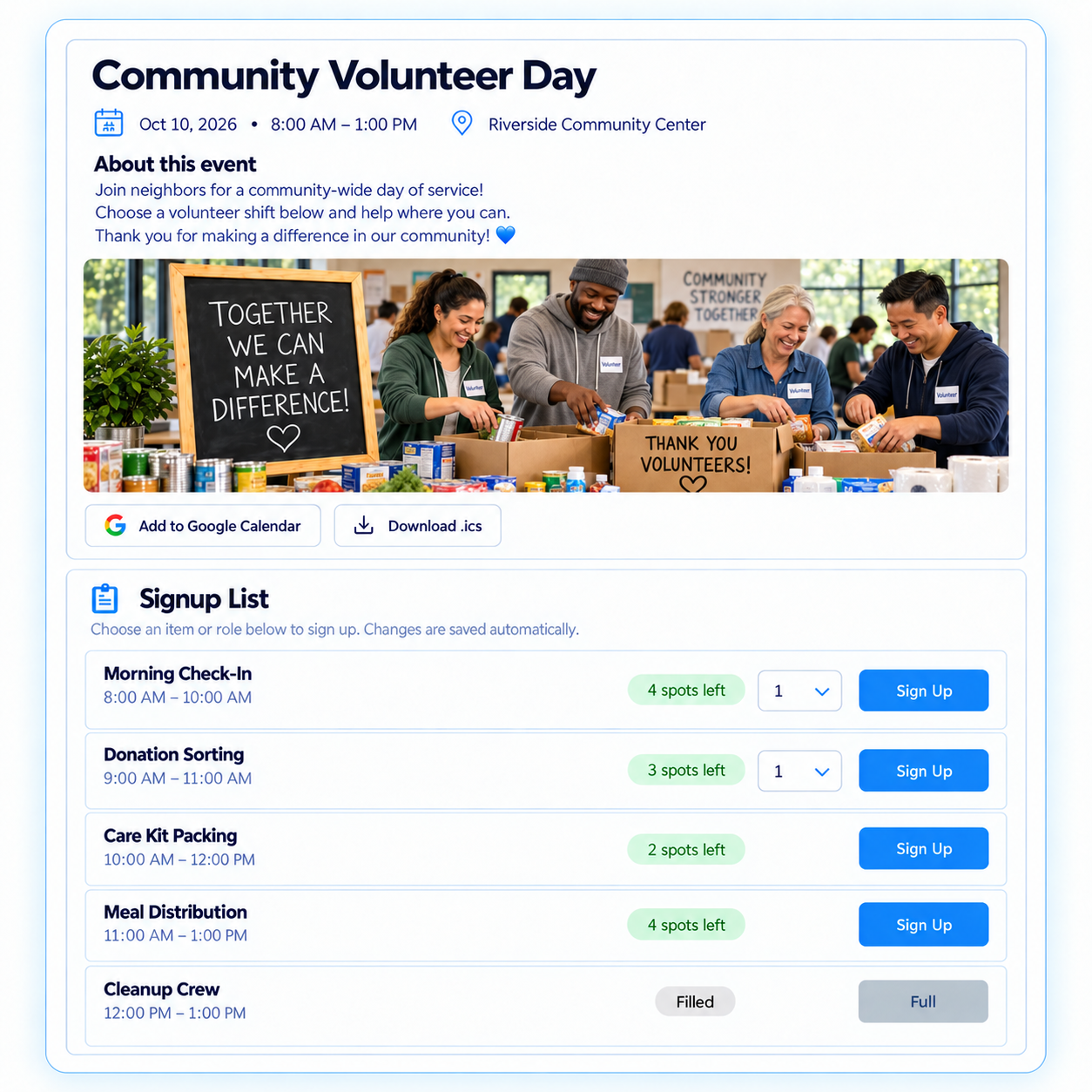 Community volunteer shift signup list with available time slots and remaining openings