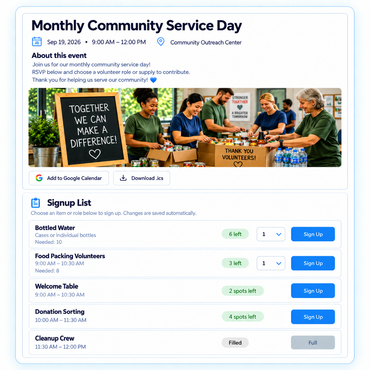 Monthly community service day signup list with volunteer roles and needed supplies in SameTeam