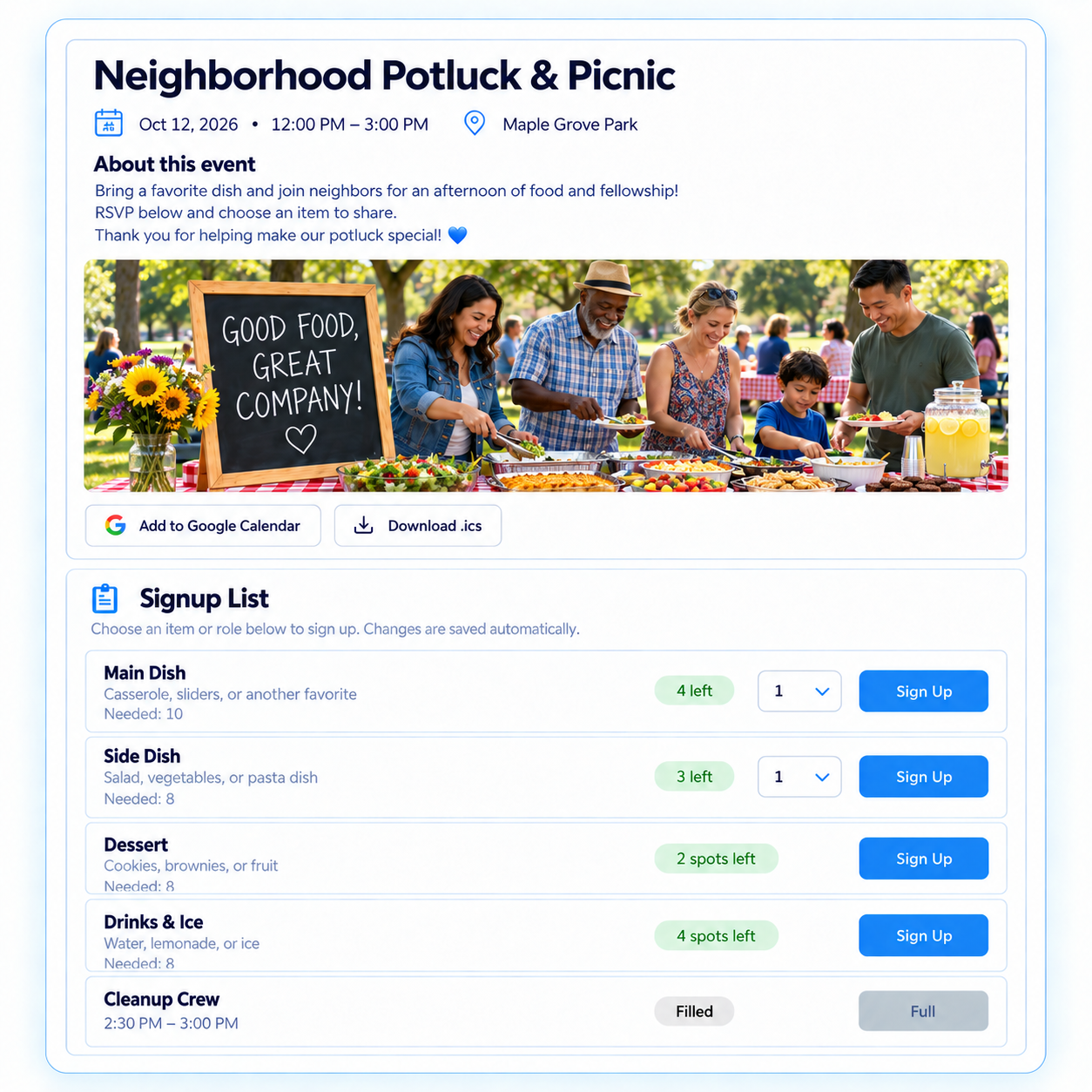 Neighborhood potluck signup list with dishes, drinks, cleanup roles, and event details