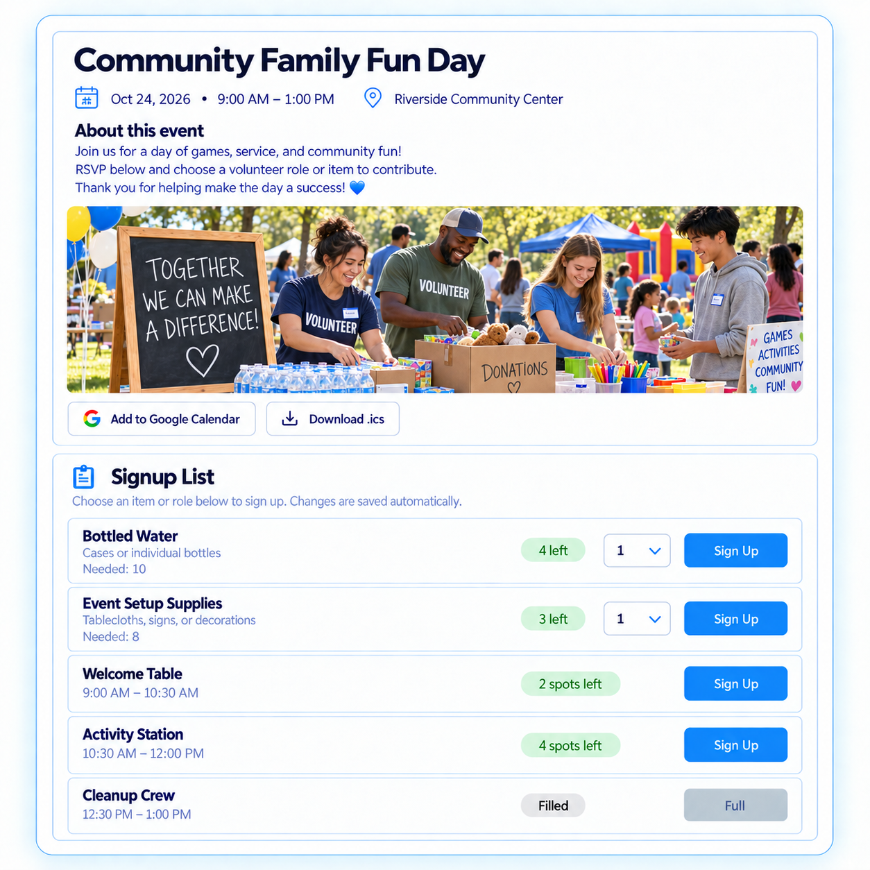 Online sign-up sheet for a community event with volunteer shifts, requested supplies, and remaining openings