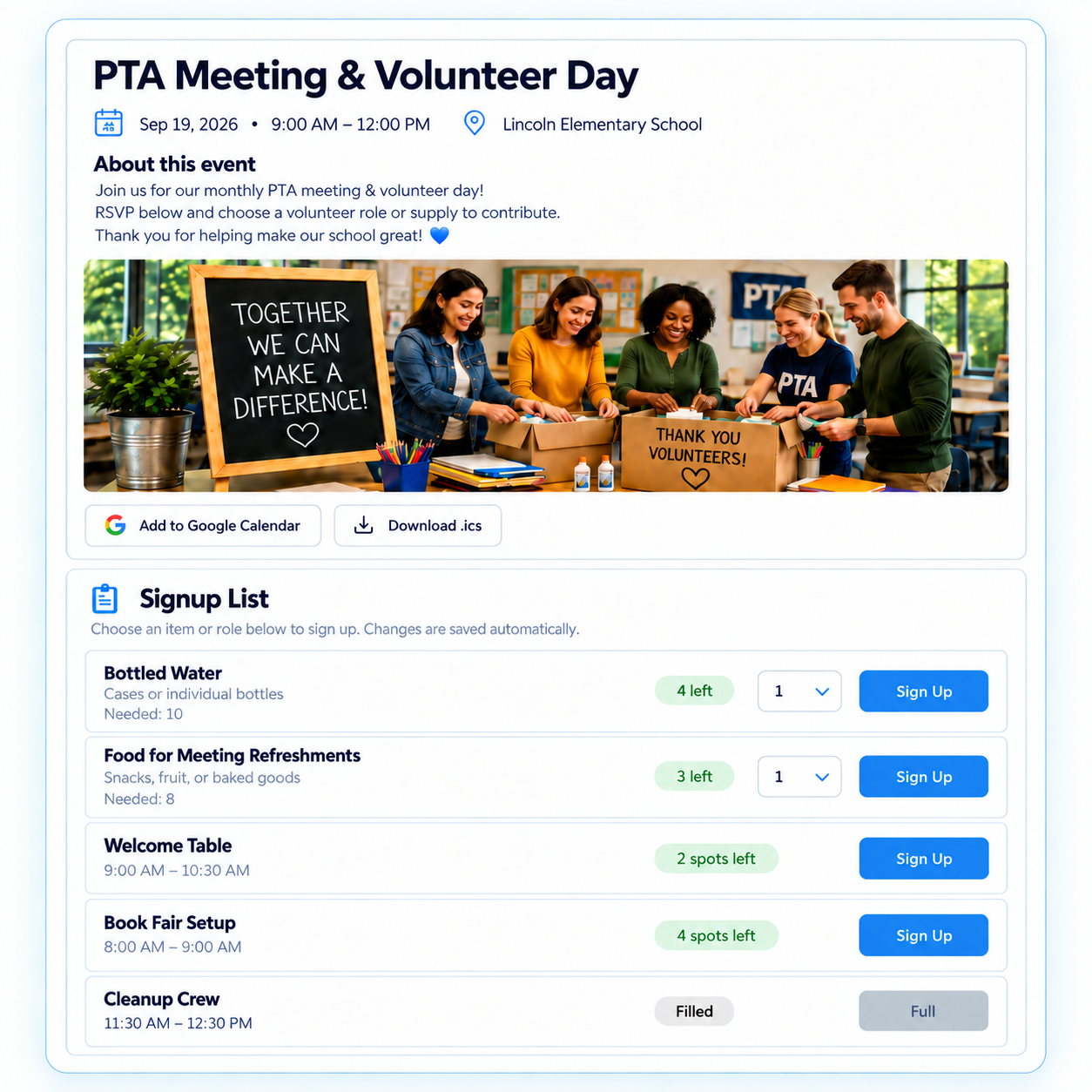SameTeam PTA event signup page with parent volunteer roles, supply signups, remaining spots, and event details
