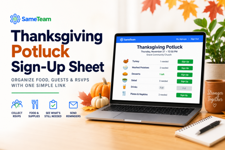 Thanksgiving potluck sign-up sheet for organizing food, supplies, and RSVPs with SameTeam