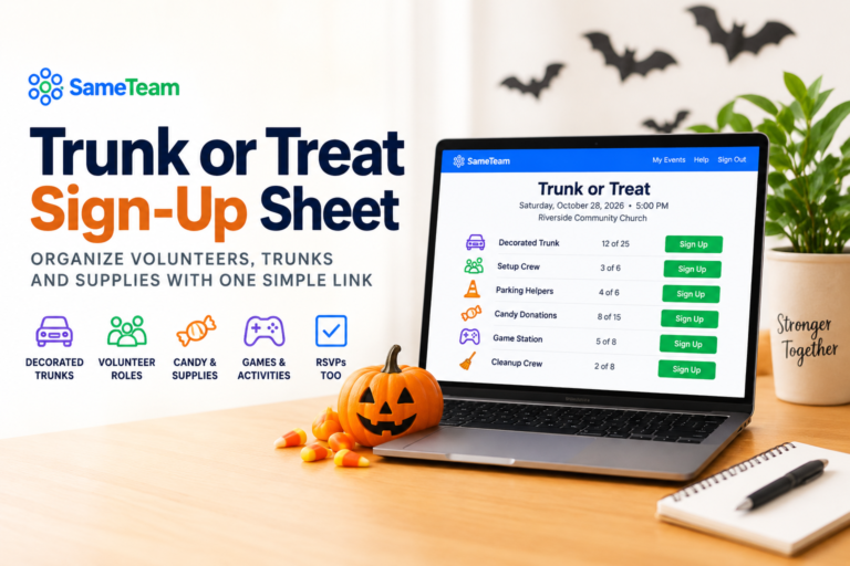 Trunk or Treat sign-up sheet for organizing decorated trunks, volunteers, candy, games, and supplies