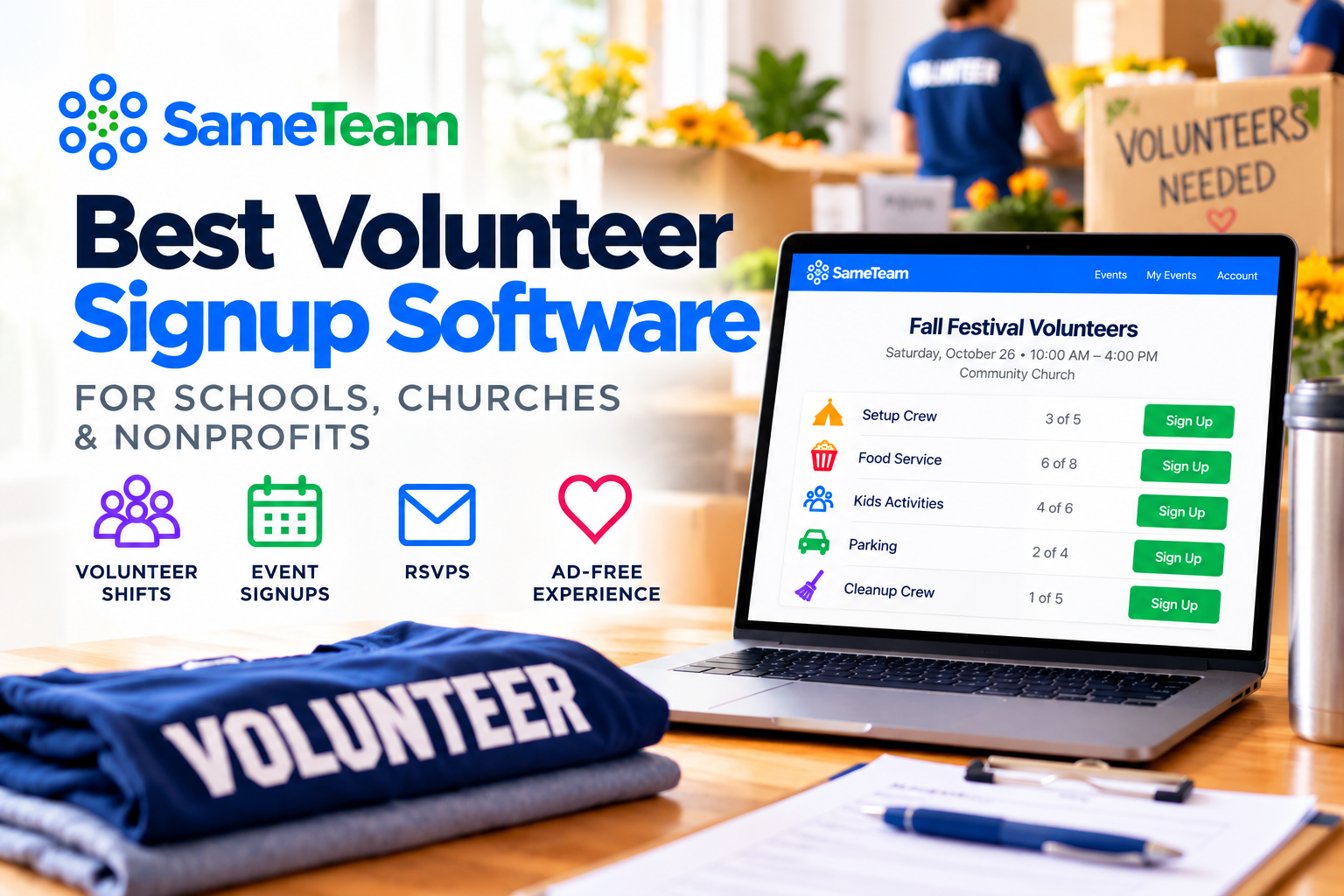 Best volunteer signup software for schools, churches, and nonprofits, featuring SameTeam volunteer shifts, event signups, and RSVPs.