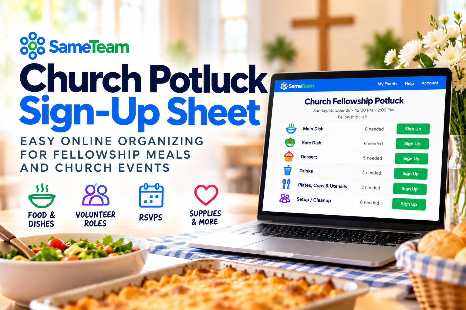 Church potluck sign-up sheet showing food dishes, volunteer roles, RSVPs, and an online signup list in SameTeam Events.
