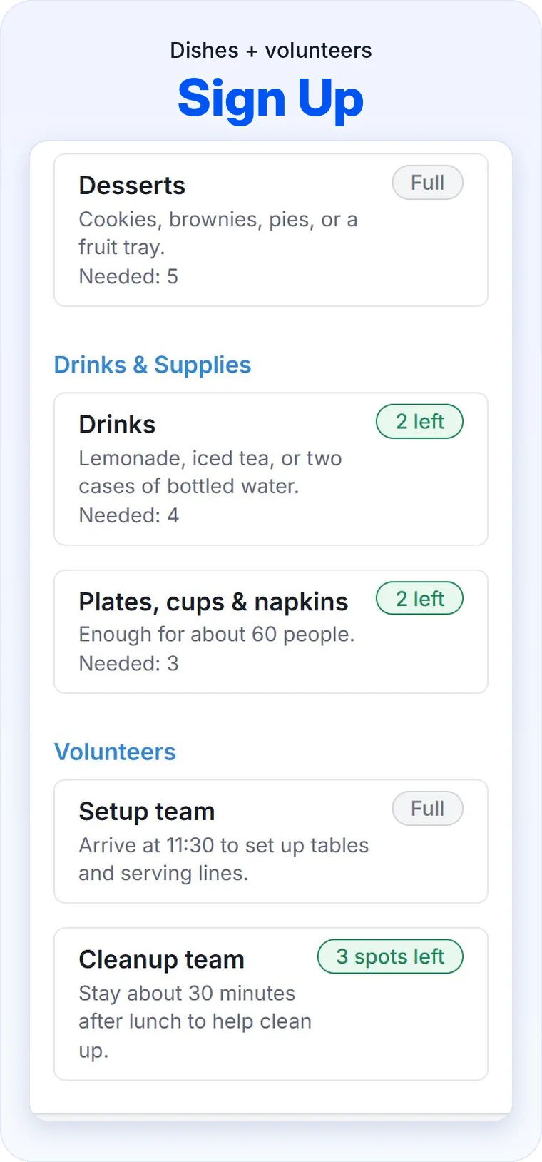 Church potluck signup page in SameTeam with desserts full, drinks and supplies still open, and setup and cleanup volunteer teams