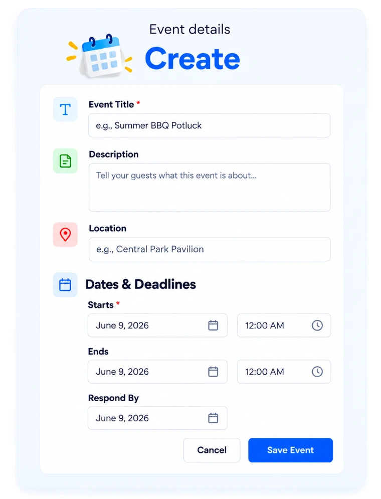 Create an online event with a title, description, location, dates and a respond-by deadline in SameTeam