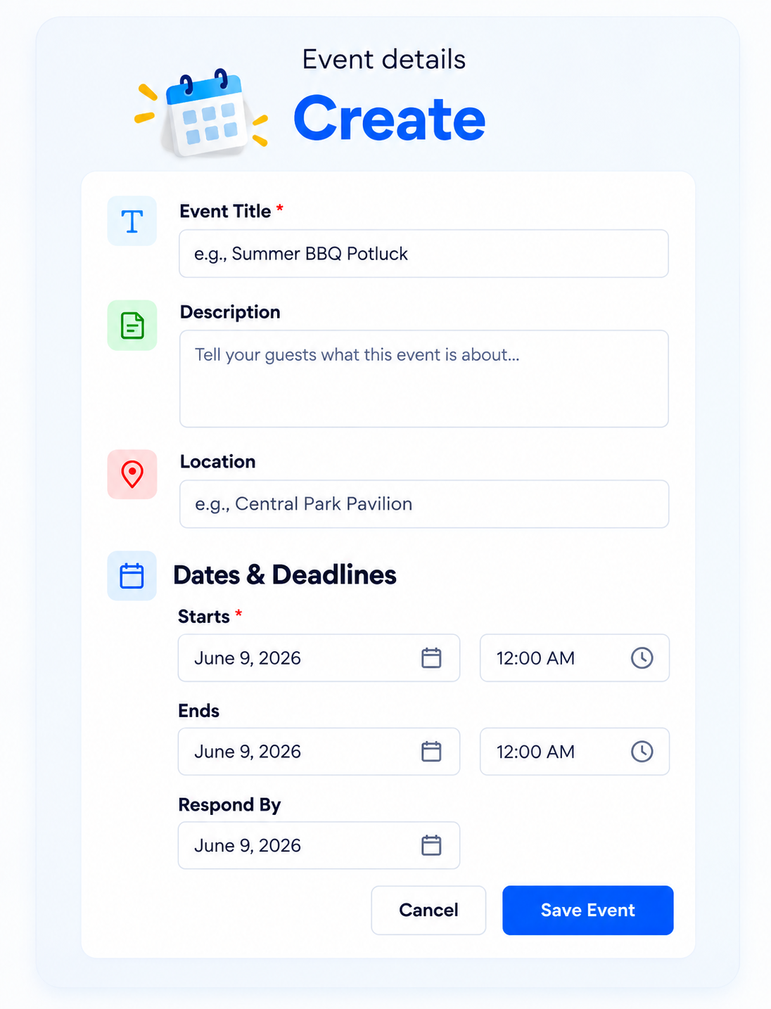 Create an event online with SameTeam: event title, description, location, and dates