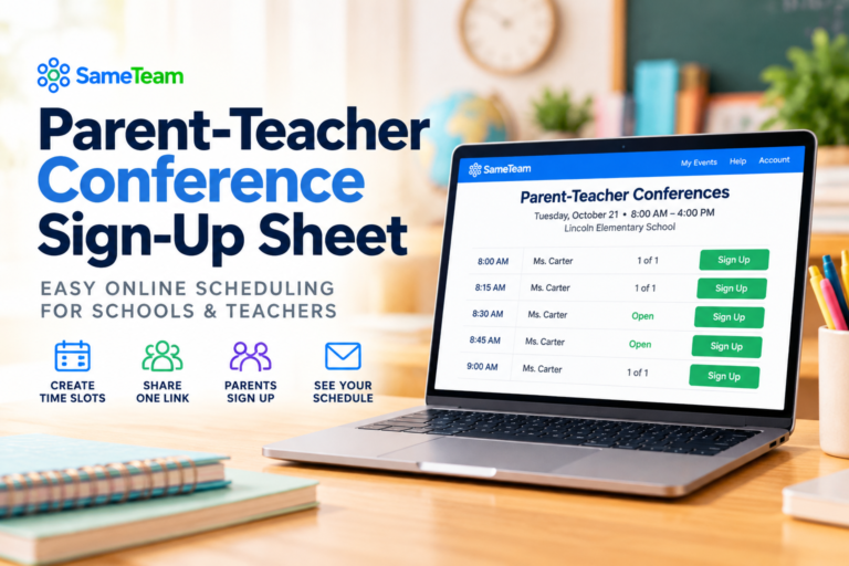 Parent-teacher conference sign-up sheet showing online appointment time slots for parents and teachers using SameTeam.
