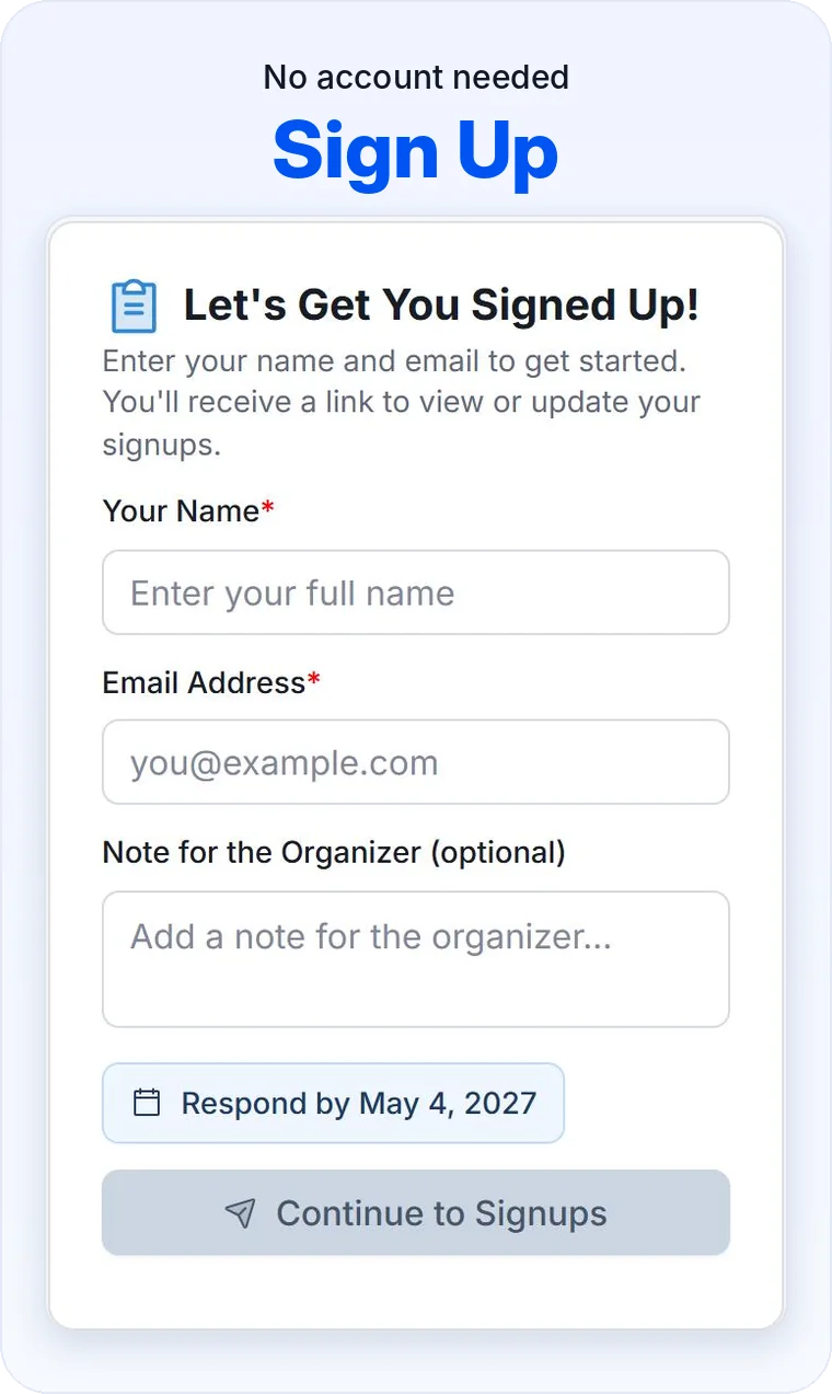 SameTeam mobile volunteer signup form where participants enter their name and email without creating an account