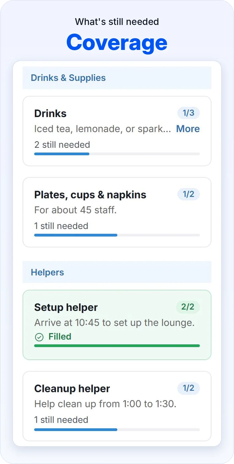 SameTeam organizer signup coverage showing remaining helper and supply spots