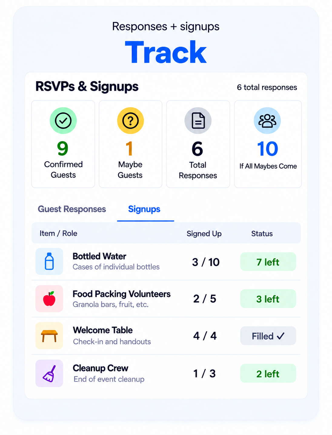 Track RSVPs and volunteer signups in SameTeam, including spots left and filled roles