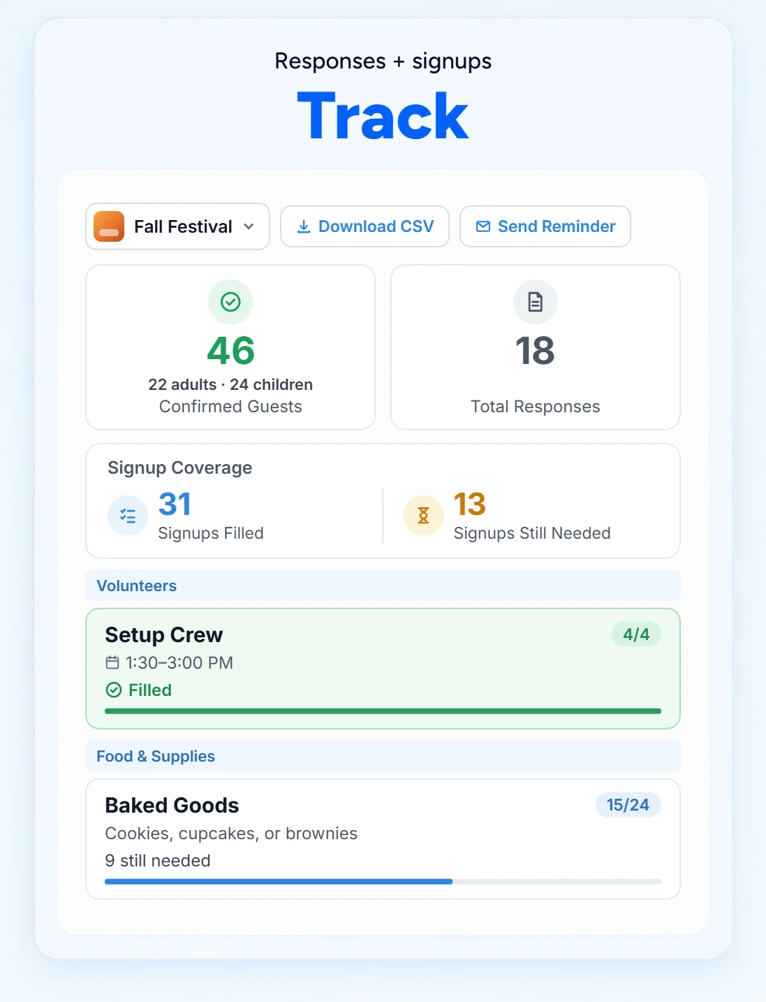 Tracking RSVPs and volunteer signups in SameTeam, including spots left and filled roles